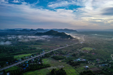 Aerial drone view of Pakbara small village during cloudy morning, Thailand