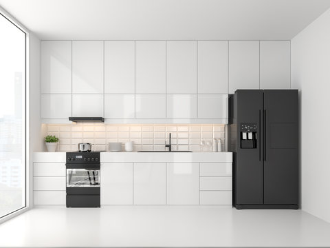 Minimal style kitchen 3d render.There are white floor and wall, Glossy white cabinet doors,Black refrigerator and oven,The room has large windows. lookink out to the city view.