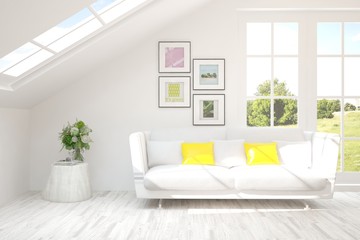 Stylish room in white color with sofa and summer landscape in window. Scandinavian interior design. 3D illustration