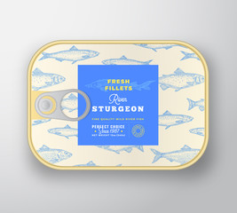 Canned Fish Label Template. Abstract Vector Aluminium Container with Label Cover. Packaging Design. Modern Typography and Hand Drawn Sturgeon or Beluga Silhouette Background Layout.