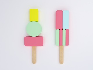 Colorful Ice cream popsicles. Minimal summer concept. Minimalistic geometric forms with colorful in a white background. Sweet dessert. Trendy Fresh background for summer compositions. 3d render.