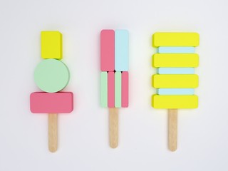 Colorful Ice cream popsicles. Minimal summer concept. Minimalistic geometric forms with colorful in a white background. Sweet dessert. Trendy Fresh background for summer compositions. 3d render.