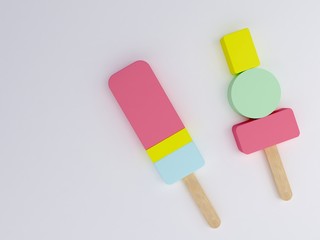Colorful Ice cream popsicles. Minimal summer concept. Minimalistic geometric forms with colorful in a white background. Sweet dessert. Trendy Fresh background for summer compositions. 3d render.