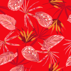 Bright red summer seamless pattern vector, colorful tropical  leaves and plant in the wild forest design for fshion,fabric,web,wallpaper,