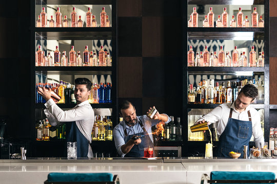 Professional team of young bartenders working