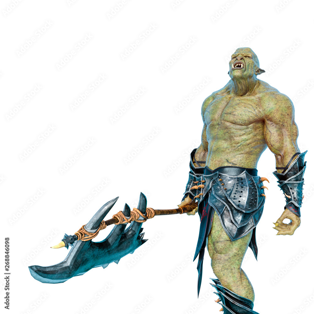 Wall mural green orc holding a huge axe in a white background side view