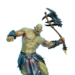 green orc holding a huge axe in a white background side view © DM7