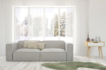 Stylish room in white color with sofa and winter landscape in window. Scandinavian interior design. 3D illustration