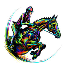 Abstract colorful drawing depicting equestrian sport, show jumping, horse rider, jockey.