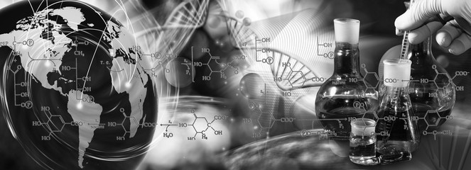 image of medical flasks on genetic background close-up