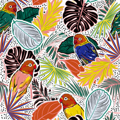 Obraz premium Colorful Tropical forest with leaves , parrots, palm leaves, polka dots, birds and floral seamless pattern