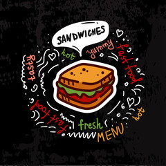 Tasty sandwich, fast food poster. Vector color flat illustration for poster, label and menu cafe fast food. On the black chalkboard with vintage white chalk engraving rays, lettering, bubble, doodle