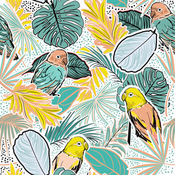 Beautiful pastel sweet mood Tropical  forest with leaves , parrots, palm leaves, polka dots, birds and floral seamless pattern
