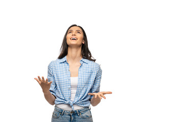 happy girl looking up and gesturing with hands Isolated On White