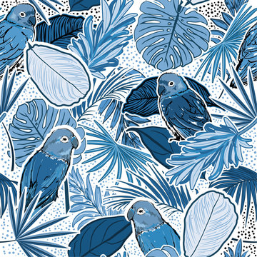 Monotone in blue tone Tropical  forest with leaves , parrots, palm leaves, polka dots, birds and floral seamless pattern