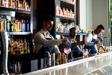 Professional team of young bartenders working