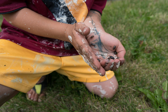 Child in backyard with sow bugs in hands