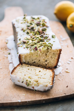Food: Lemon zucchini cake with lemon icing and pistachio topping