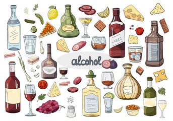 Big set hand drawn alcohol drinks and glasses isolated on the white.