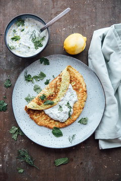 Food: Zucchini omelette with herbed greek yogurt