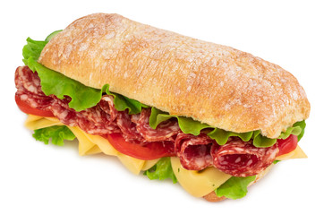 Ciabatta sandwich with lettuce, tomatoes prosciutto and cheese isolated on white background