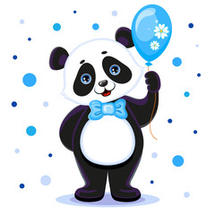 Cute Panda Bear With the Bow Tie and Air Balloon. Vector Illustration for Celebration.