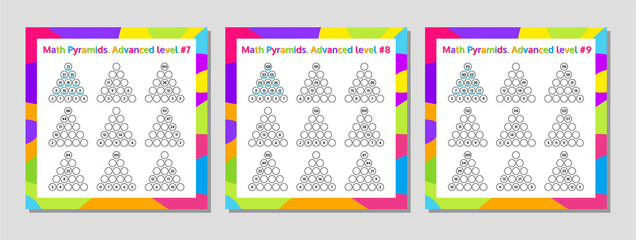 Math Pyramid Educational Game Worksheet Set. Mathematics puzzle. Vector Illustration.