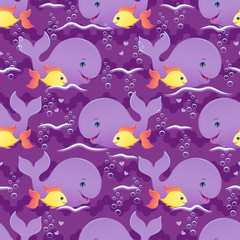 Whale and fish best friends seamless pattern. Vector illustration.