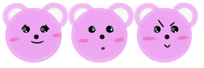 set of pink cartoon bears muzzles with emotions. raster illustration