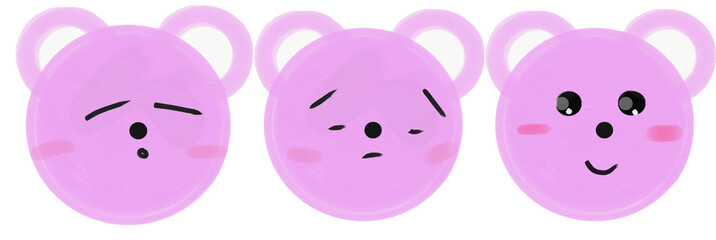 set of pink cartoon bears muzzles with emotions. raster illustration