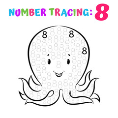 Number Tracing Worksheet. Coloring Book Page. Math Game. Writing Skills Educational Exercise. Vector illustration.