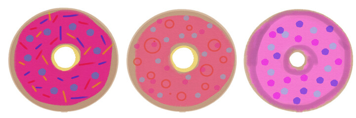 A set of three donuts with pink icing. raster illustration for design