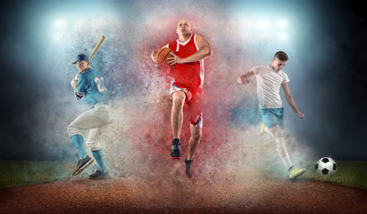 Collage of team sport players in action around color splash drop