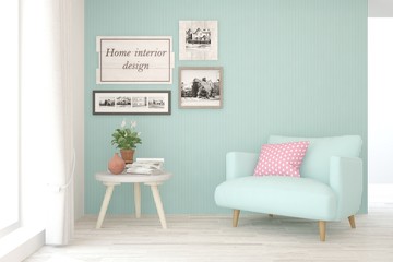 Stylish room in blue color with armchair. Scandinavian interior design. 3D illustration