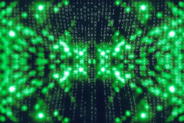 Green blue matrix digital background. Abstract cyberspace concept. Characters fall down. Matrix from symbols stream. Virtual reality design. Complex algorithm data hacking. Green digital sparks.