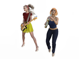 Fototapeta na wymiar 3d rendering of one girl with electric guitar and the other with a soxophe over white backgraound