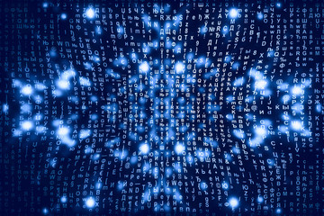 Blue matrix digital background. Abstract cyberspace concept. Characters fall down. Matrix from symbols stream. Virtual reality design. Complex algorithm data hacking. Cyan digital sparks.