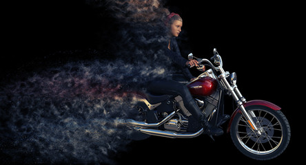 3d rendering of girl rider on motorcycle isolated on black background. simulating speed 