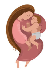 a woman in a pink dress gently hugs her baby