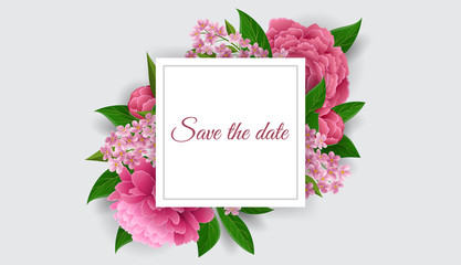 Elegant and romantic wedding frame with pink peony flower, and green leaf. Vector illustration for wedding invitation, save the date card or other romantic celebration banner design