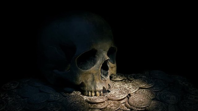 Torch Lights Up Skull On Pile Of Gold Coins