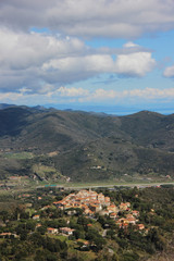 Fototapeta na wymiar Veduta aerea del paese di Sant'Ilario, Campo nell'Elba, Isola d'Elba. Toscana, Italia