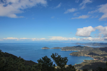 Isola d'Elba, veduta aerea della costa settentrionale. Toscana, Italia