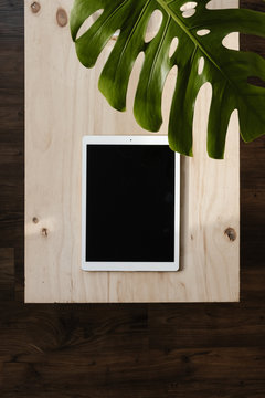 white tablet on modern plywood table with decorative green leaf