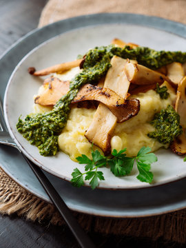 King Oyster Mushrooms with Parsnip, Potato Mash and Coriander Sauce