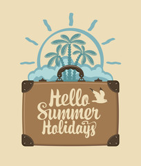 Vector travel banner with a suitcase, palm trees, sun, seagull and clouds in retro style. Summer poster, flyer, invitation or card with inscription Hello summer holidays