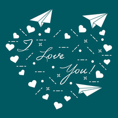 Paper airplane, hearts. Valentine's Day.