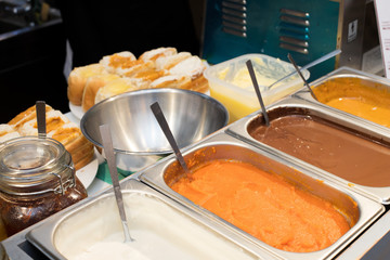 Hot bread with many kind of source inside such as red bean, egg roll ready to sell, Thai Style sweet dessert for Street Food
