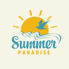 Vector banner with sun, gull and inscription Summer Paradise in retro style. Travel summer banner, flyer, invitation, card