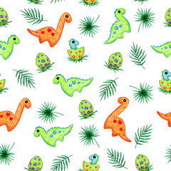 Dinosaurs cartoon for kids seamless pattern. Hand drawing. Design for fabrics, textiles, wallpaper for children`s bedrooms.